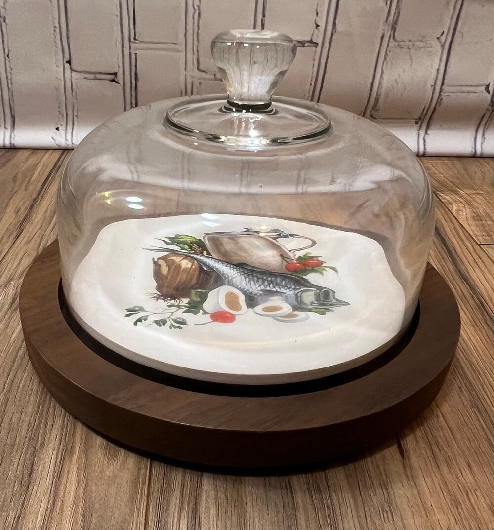 Vintage Hyalyn 507 Seafood Cheese Board Glass Dome Wood Fish MCM Serving Tray